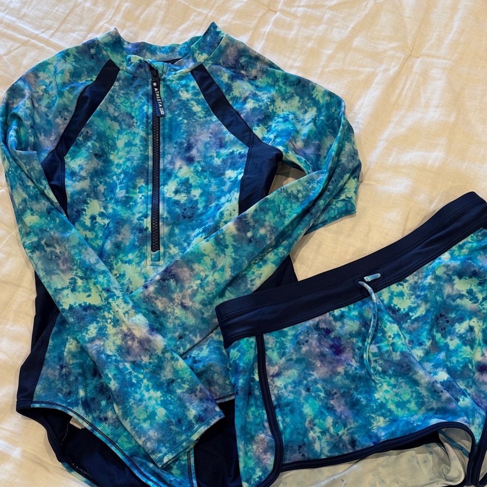 Blue and Navy Tie-Dye Rash Guard Set